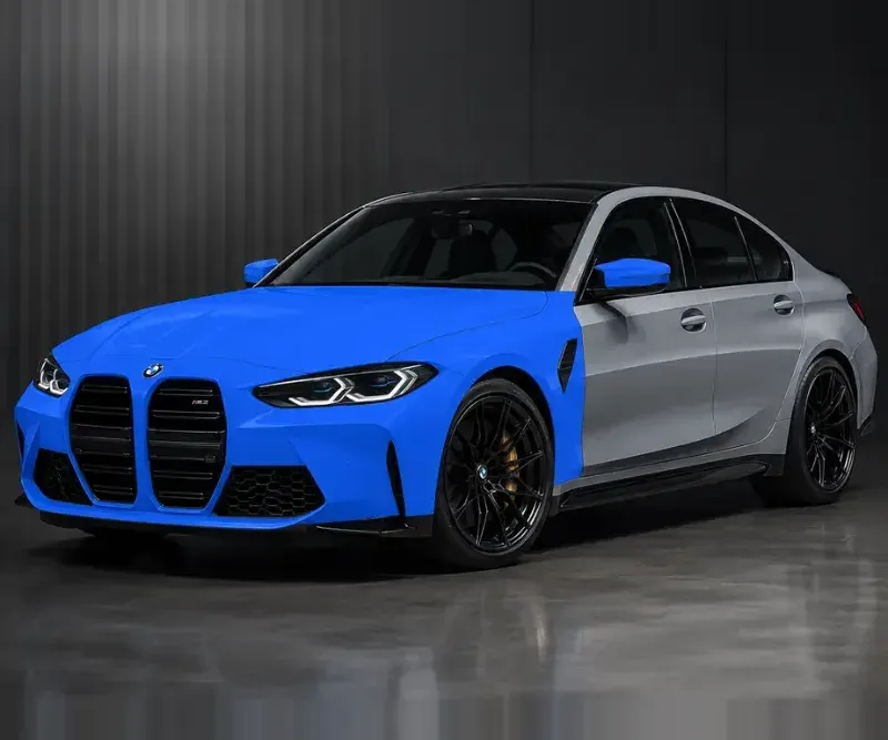 Coverage map for the front package: front bumper, hood, front fenders and mirror caps picked out against the rest of the body